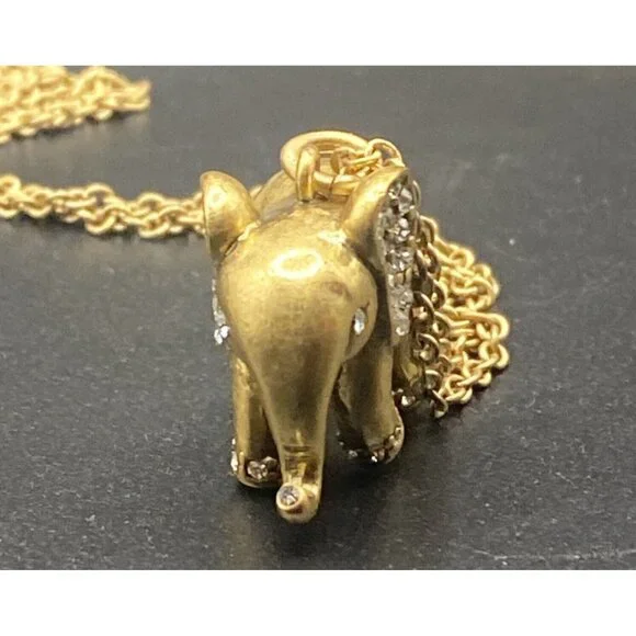Signed J.Crew  Necklace Gold-Tone Rhinestone Elephant Trunk Up Pendant 28 +3" - Picture 10 of 13